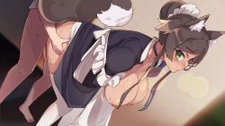 Rule 34 | 1boy, 1girl, alternate costume, animal ears, apron, bent over, black dress, black hair, breast hold, breasts, breasts out, clothed female nude male, dark skin, dog ears, dog girl, dog tail, dress, enmaided, green eyes, hair bun, hetero, large breasts, looking back, maid, maze (gochama ze gohan), nipples, nude, off shoulder, original, sex, sex from behind, short hair, sidelocks, single hair bun, solo focus, standing, standing sex, sweat, tail, thighhighs, white apron, white thighhighs