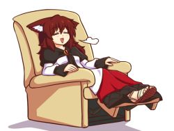 Rule 34 | 1girl, puff of air, = =, animal ear fluff, animal ears, blush, brooch, brown footwear, brown hair, chair, commentary, dress, english commentary, closed eyes, full body, hair between eyes, imaizumi kagerou, jewelry, long dress, long hair, long sleeves, multicolored clothes, multicolored dress, open mouth, red dress, sandals, shadow, simple background, sitting, sleeves past wrists, smile, solo, touhou, white background, white dress, wolf ears, wool (miwol)
