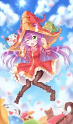 Rule 34 | 1girl, :3, animal ears, blue sky, boomerang, cat ears, clenched hand, cloud, day, dress, ears through headwear, fang, full body, green eyes, hat, highres, knees together feet apart, league of legends, long hair, lulu (league of legends), one eye closed, open mouth, pantyhose, pointy footwear, purple hair, red dress, shoes, sky, smile, solo, striped, striped sleeves, stuffed animal, stuffed toy, sun, teddy bear, ubi (ekdus6080), v, witch hat