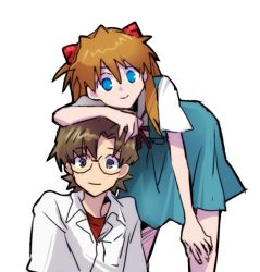 Rule 34 | 1boy, 1girl, aida kensuke, arm support, artist request, bent over, blue eyes, brown eyes, brown hair, freckles, glasses, grin, hair ornament, hand on another&#039;s head, interface headset, legs, long hair, looking at viewer, neon genesis evangelion, school uniform, sitting, smile, souryuu asuka langley