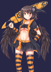 Rule 34 | 1girl, :q, absurdres, akiteru (akiteru98), alternate costume, arm behind back, arm warmers, bandeau, belt, black hair, black jacket, black skirt, black thighhighs, black wings, blue background, blush, breasts, chainsaw, cleavage, collarbone, commentary request, facial tattoo, feathered wings, feet out of frame, groin, hair between eyes, heart, heart tattoo, highres, holding, holding weapon, jacket, looking at viewer, mask, mask on head, medium breasts, midriff, miniskirt, multicolored clothes, multicolored skirt, navel, open clothes, open jacket, orange belt, orange skirt, orange thighhighs, plague doctor mask, pleated skirt, red eyes, shameimaru aya, short hair, short sleeves, simple background, skindentation, skirt, smile, solo, standing, stomach, striped clothes, striped thighhighs, tattoo, thighhighs, thighs, tongue, tongue out, touhou, underboob, weapon, wings, zettai ryouiki