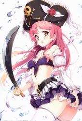 Rule 34 | 1girl, absurdres, bare shoulders, belt, blush, breasts, brown eyes, hat, highres, holding, holding weapon, medium breasts, midriff, miniskirt, open mouth, pink hair, scan, senji (tegone spike), simple background, skirt, skull, solo, strapless, sword, thighhighs, thighs, tube top, water, water drop, weapon, white background, white thighhighs, zettai ryouiki