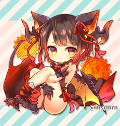 Rule 34 | 1girl, bad id, bad pixiv id, bare shoulders, black dress, black gloves, blush, brown hair, brown panties, claws, closed mouth, commentary request, diagonal stripes, dragon girl, dragon horns, dragon wings, dress, full body, gears, gloves, gradient hair, hair ribbon, horns, hugging own legs, looking at viewer, mashiro miru, multicolored hair, myr (p&amp;d), panties, puzzle &amp; dragons, red eyes, red hair, red ribbon, ribbon, scales, solo, striped, striped background, twitter username, underwear, wings