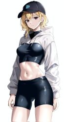 Rule 34 | 1girl, ai-assisted, baseball cap, bike shorts, black headwear, black shorts, black singlet, blonde hair, breasts, closed mouth, commentary, cowboy shot, cropped hoodie, earrings, english commentary, gluteal fold, groin, hat, highres, hololive, hololive indonesia, hood, hood down, hoodie, jewelry, kaela kovalskia, logo, long sleeves, looking at viewer, medium breasts, medium hair, midriff, navel, red eyes, schitzo17, shorts, simple background, thighs, tight clothes, virtual youtuber, white background, white hoodie