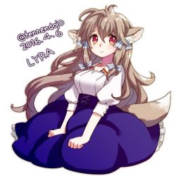 Rule 34 | 1girl, amano shikaru, animal ear fluff, breasts, brown hair, character request, dated, ears down, full body, long hair, medium breasts, red eyes, simple background, sitting, solo, source request, takobue (taccobue), very long hair, white background