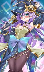 Rule 34 | 1girl, absurdres, bare shoulders, black choker, black pantyhose, blue eyes, blush, breasts, capelet, choker, cleavage, cowboy shot, dress, duel monster, earrings, hat, highres, holding, holding wand, jewelry, medium breasts, medium hair, nightmare apprentice, pantyhose, purple hair, solo, space print, spiked hair, starry sky print, wand, white dress, witch, witch hat, ya-man, yu-gi-oh!
