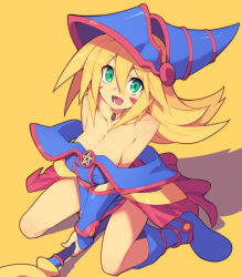 Rule 34 | 1girl, :d, bare shoulders, blonde hair, blue footwear, blue hat, boots, breasts, cleavage, collarbone, commentary request, dark magician girl, duel monster, full body, green eyes, hair between eyes, hat, holding, holding staff, long hair, looking at viewer, medium breasts, metata, open mouth, pentagram, shadow, simple background, sitting, smile, solo, staff, wariza, wizard hat, yellow background, yu-gi-oh!, yu-gi-oh! duel monsters
