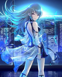 Rule 34 | 10s, 1girl, artist request, back, blue lips, blue theme, bracelet, breasts, brown eyes, cityscape, dress, earrings, idolmaster, idolmaster cinderella girls, jewelry, jpeg artifacts, lipstick, long hair, looking at viewer, makeup, official art, silver hair, solo, takamine noa