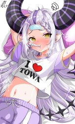 Rule 34 | 1girl, @ @, absurdres, alternate costume, black horns, braid, braided bangs, grey hair, highres, hololive, horns, la+ darknesss, long hair, lying, multicolored hair, navel, pillow, pointy ears, print shirt, purple hair, remone, shirt, shorts, sick, steaming body, streaked hair, striped horns, sweat, t-shirt, thermometer, virtual youtuber, yellow eyes