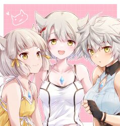 Rule 34 | 3girls, animal ear fluff, animal ears, bare shoulders, black gloves, blunt bangs, blush, border, breasts, cat ears, chest jewel, closed mouth, collarbone, commentary request, core crystal (xenoblade), facial mark, fingerless gloves, gem, gloves, grey hair, hair between eyes, height difference, highres, looking at viewer, medium breasts, mio (xenoblade), multiple girls, na&#039;el (xenoblade), neck tattoo, nia (fancy sundress) (xenoblade), nia (xenoblade), open mouth, outside border, pink background, shirt, short hair, sleeveless, sleeveless shirt, small breasts, smile, swept bangs, tank top, tattoo, trait connection, ui frara, white border, white shirt, white tank top, xenoblade chronicles (series), xenoblade chronicles 2, xenoblade chronicles 3, xenoblade chronicles 3: future redeemed, yellow eyes, yellow shirt