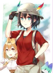 Rule 34 | 10s, 2girls, adjusting clothes, adjusting headwear, animal ears, backpack, bad id, bad twitter id, bag, black gloves, black hair, blush, bow, breasts, cat ears, elbow gloves, feathers, gloves, green eyes, hand on own hip, hat, helmet, kaban (kemono friends), kaerunoko, kemono friends, large breasts, looking at another, looking at viewer, multiple girls, open mouth, orange hair, pith helmet, red shirt, serval (kemono friends), serval print, shirt, short hair, smile, yellow eyes