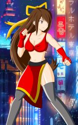 Rule 34 | 1girl, absurdres, alzero83, bare shoulders, black thighhighs, breasts, brown hair, bush, city, cleavage, female focus, fight&#039;n rage, fighting stance, fire, gal (fight&#039;n rage), gate, gloves, gyaru, hair between eyes, highres, kanji, large breasts, legs, lights, long hair, medium breasts, midriff, navel, pelvic curtain, red eyes, red gloves, revealing clothes, ribbon, smile, solo, tank top, thighhighs, yellow ribbon