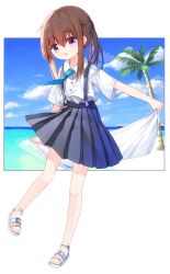 Rule 34 | :o, blue neckwear, blue skirt, brown hair, collared shirt, day, dress shirt, full body, hair between eyes, holding, long hair, looking at viewer, open mouth, original, palm tree, pleated skirt, ponytail, purple eyes, sandals, shiho (yuuhagi (amaretto-no-natsu)), shirt, short sleeves, skirt, solo, standing, standing on one leg, suspender skirt, suspenders, tree, white footwear, white shirt, yuuhagi (amaretto-no-natsu)