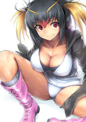 Rule 34 | 10s, 1girl, breasts, cleavage, commentary request, ebizome, hair between eyes, headphones, kemono friends, kneehighs, looking at viewer, medium breasts, multicolored hair, rockhopper penguin (kemono friends), simple background, smile, socks, solo, white background