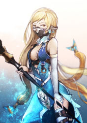 Rule 34 | 10s, 1girl, bad id, bad pixiv id, bare shoulders, blonde hair, blue dress, blue thighhighs, breasts, bridal gauntlets, brown eyes, center opening, cowboy shot, dress, elegy (granblue fantasy), gradient background, granblue fantasy, hair ornament, half mask, holding, kyoeiki, long hair, looking away, looking to the side, mask, mouth mask, solo, staff, thighhighs, very long hair, zettai ryouiki