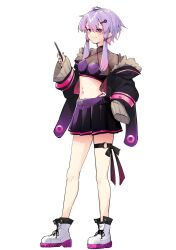 Rule 34 | 1girl, adapted costume, ahoge, full body, hair ornament, highres, jacket, navel, purple eyes, purple hair, ribbon, shoes, simple background, skirt, sneakers, solo, standing, thigh strap, vocaloid, voiceroid, yuzuki yukari, zooanime