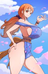Rule 34 | 1girl, absurdres, artist name, ass, ass grab, blush, breasts, covered erect nipples, curvy, grabbing own ass, highres, huge breasts, japanese clothes, kimono, long hair, looking at viewer, nami (one piece), no bra, no panties, one piece, orange eyes, orange hair, smile, solo, thick thighs, thighs, wide hips, yoonsun