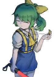 Rule 34 | 1girl, absurdres, ascot, blue dress, bow, closed eyes, closed mouth, collared shirt, commentary request, cookie (touhou), cowboy shot, daiyousei, diyusi (cookie), dress, green hair, hair bow, hakonnbo, high-visibility vest, highres, holding, holding whistle, looking to the side, medium hair, pinafore dress, ponytail, shirt, simple background, sleeveless dress, solo, touhou, traffic baton, transparent background, whistle, whistle around neck, white shirt, yellow ascot, yellow bow