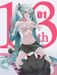 Rule 34 | 1girl, absurdres, ahoge, aqua eyes, aqua hair, bare arms, bare shoulders, black skirt, bra, breasts, chinese commentary, commentary request, grey background, hair between eyes, hatsune miku, heart-shaped boob challenge, highres, kneeling, long hair, looking at viewer, miniskirt, navel, omone hokoma agm, pleated skirt, sidelocks, skirt, small breasts, solo, stomach, thighs, twintails, underwear, very long hair, vocaloid