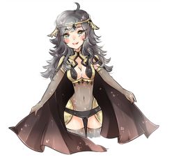 Rule 34 | 1girl, ahoge, breasts, cape, circlet, cleavage, cleavage cutout, clothing cutout, covered navel, curly hair, fire emblem, fire emblem fates, grey hair, mimasho, nintendo, ophelia (fire emblem), simple background, smile, solo, thighhighs
