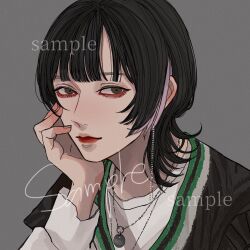 Rule 34 | 1boy, androgynous, bishounen, black hair, black shirt, brown eyes, closed mouth, commission, earrings, fingernails, grey background, head rest, highres, jewelry, kagoya1219, layered sleeves, long sleeves, looking at viewer, medium hair, multicolored hair, necklace, original, pink hair, portrait, sample watermark, shirt, short over long sleeves, short sleeves, simple background, solo, streaked hair, watermark, white shirt