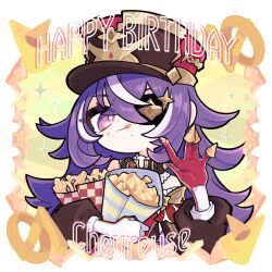Rule 34 | 1girl, bare shoulders, birthday, character name, chevreuse (genshin impact), detached sleeves, dress, earmuffs, earmuffs around neck, eating, eyepatch, food, food on face, french fries, genshin impact, gloves, gnsn no09, happy birthday, hat, highres, holding, holding food, long hair, mole, mole under mouth, multicolored hair, onion rings, pointy hair, puffy detached sleeves, puffy sleeves, purple eyes, purple hair, red gloves, shako cap, smile, solo, streaked hair, two-tone gloves, two-tone hair, very long hair, white gloves, white hair