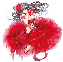 Rule 34 | 1girl, bare shoulders, blue eyes, breasts, brown hair, cleavage, closed mouth, clothing cutout, collar, dress, floating hair, flower, full body, hair between eyes, hair flower, hair ornament, heart, heart cutout, high heels, holding, holding heart, kanojo (ogino atsuki), large breasts, legs together, leotard, long hair, looking at viewer, original, red dress, red flower, red leotard, red theme, revealing clothes, smile, solo, wavy hair, yanyo (ogino atsuki)