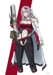 Rule 34 | 1girl, belt, belt pouch, black gloves, black leotard, breasts, chaps, chest strap, cleavage, clenched teeth, clothing cutout, coat, coat on shoulders, commentary, cropped jacket, cropped legs, dog tags, dusk cube, gloves, goddess of victory: nikke, grey hair, groin, gun, hair between eyes, hair ornament, hairclip, highres, holding, holding gun, holding weapon, jacket, leotard, long hair, long sleeves, looking at viewer, medium breasts, messy hair, navel, pouch, red jacket, rifle, scar, scar on stomach, sharp teeth, sidelocks, signature, sniper rifle, solo, standing, stomach, stomach cutout, teeth, weapon, white background, white coat, yellow eyes, yulha (nikke)