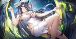 Rule 34 | 1girl, absurdres, albedo (overlord), bare shoulders, black wings, breasts, check copyright, copyright request, dress, feet out of frame, green eyes, hair between eyes, highres, hip vent, horns, large breasts, large wings, long hair, looking at viewer, lopy, low wings, original, overlord (maruyama), parted lips, smile, solo, thighs, white dress, wings