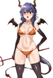 Rule 34 | 1girl, arknights, bangs, bare shoulders, bikini, black gloves, blue eyes, blue hair, blush, breasts, ch&#039;en (arknights), choker, collarbone, commentary request, cowboy shot, dragon horns, dragon tail, elbow gloves, fake wings, gloves, hair between eyes, highres, holding, holding weapon, horns, large breasts, long hair, moto toshi, navel, orange bikini, polearm, simple background, solo, standing, stomach, swimsuit, tail, thighhighs, thighs, trident, weapon, white background, wings