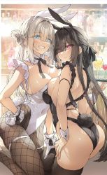 Rule 34 | 2girls, animal ears, ass, bad id, bad twitter id, bar (place), bare shoulders, black hair, black leotard, black thighhighs, blue eyes, blush, bow, bowtie, breasts, brown pantyhose, cleavage, covered navel, cup, detached collar, drinking glass, fake animal ears, fishnet legwear, fishnets, frills, gloves, half updo, hand on own hip, highres, large breasts, leotard, long hair, looking at viewer, multiple girls, nontraditional playboy bunny, original, pantyhose, playboy bunny, rabbit ears, rabbit tail, red eyes, shio kouji (shiokojii), sidelocks, smile, strapless, strapless leotard, tail, thigh strap, thighhighs, thighs, very long hair, white hair, white leotard, wine glass, wrist cuffs