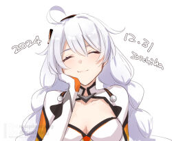 1girl ahoge artist_name bodysuit braid cleavage_cutout closed_eyes clothing_cutout collarbone commentary_request dated hand_on_own_cheek hand_on_own_face honkai_(series) honkai_impact_3rd ioichiha kiana_kaslana kiana_kaslana_(white_comet) long_hair simple_background smile solo twin_braids upper_body watermark white_background white_hair