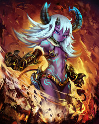 Rule 34 | 1girl, blue eyes, breasts, cleavage, colored skin, demon, demon girl, female focus, giant, giantess, horns, original, purple skin, silver hair, small breasts, solo, tail, yilx