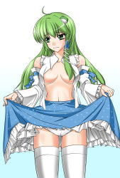 Rule 34 | 1girl, bad id, bad pixiv id, breasts, clothes lift, female focus, gradient background, green eyes, green hair, hair ornament, hair tubes, kochiya sanae, matching hair/eyes, navel, open clothes, panties, shirokuma a, skirt, skirt lift, solo, thighhighs, touhou, underwear, white background, white panties, white thighhighs