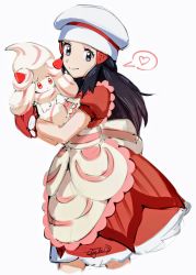 Rule 34 | 1girl, absurdres, alcremie, alcremie (strawberry sweet), apron, black hair, chef hat, closed mouth, commentary, creatures (company), dawn (palentine&#039;s 2021) (pokemon), dawn (pokemon), dress, english commentary, eyelashes, frills, game freak, gen 8 pokemon, grey eyes, hair ornament, hairclip, hands up, hat, hazel0217, heart, highres, holding, holding pokemon, long hair, mittens, nintendo, official alternate costume, oven mitts, pokemon, pokemon (creature), pokemon masters ex, red dress, red mittens, signature, simple background, sketch, smile, spoken heart, white background, white headwear