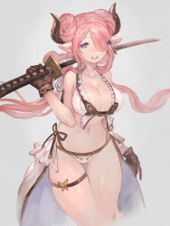 Rule 34 | 10s, 1girl, :d, bikini, blue eyes, breasts, brown gloves, cleavage, draph, earrings, gloves, granblue fantasy, hair ornament, highres, holding, holding sword, holding weapon, horns, huge breasts, jewelry, katana, lack, narmaya (granblue fantasy), narmaya (summer) (granblue fantasy), navel, open mouth, pink hair, pointy ears, smile, solo, swimsuit, sword, teeth, thigh gap, weapon, white bikini
