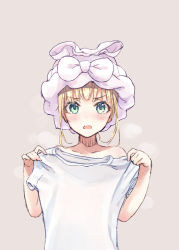 Rule 34 | 1girl, blonde hair, blush, collarbone, commentary, embarrassed, green eyes, grey background, holding, holding clothes, holding shirt, open mouth, original, rimo, shirt, short sleeves, simple background, solo, t-shirt, towel, towel on head, upper body, white shirt