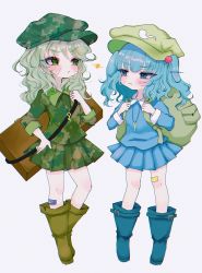 Rule 34 | 2girls, :&lt;, :i, absurdres, annoyed, aqua hair, arm up, arms up, backpack, bag, bandaid, bandaid on leg, blue footwear, blue hair, blue shirt, blue skirt, blush, boots, box, brown footwear, camouflage, camouflage headwear, camouflage shirt, camouflage skirt, chibi, commentary request, contrapposto, eye contact, flat cap, full body, green eyes, green headwear, grey background, hair bobbles, hair ornament, hand on own hip, hat, highres, holding strap, kawashiro nitori, key, knee boots, lightning glare, long sleeves, looking at another, medium hair, miniskirt, multiple girls, partial commentary, pleated skirt, renakobonb, shirt, short hair, simple background, skirt, sleeves past elbows, standing, touhou, two side up, yamashiro takane