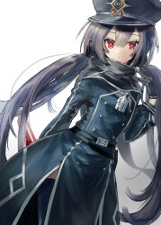Rule 34 | 1girl, :o, absurdres, arm behind back, belt, black belt, black gloves, blue thighhighs, bright pupils, buttons, double-breasted, double-parted bangs, duel monster, flat chest, gloves, grey hair, grey headwear, hair between eyes, hand up, highres, long hair, long sleeves, looking at viewer, military uniform, nataro 1116, open mouth, puffy long sleeves, puffy sleeves, red eyes, simple background, sky striker ace - roze, solo, thighhighs, twintails, uniform, very long hair, white background, white pupils, yu-gi-oh!