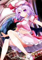 Rule 34 | 1girl, alternate breast size, ascot, ass, bad id, bad pixiv id, bat wings, breasts, female focus, hat, hat ribbon, henet hene, large breasts, looking at viewer, midriff, navel, aged up, outstretched arms, puffy sleeves, purple eyes, purple hair, remilia scarlet, ribbon, shirt, short sleeves, skirt, skirt set, smile, solo, touhou, upskirt, wings