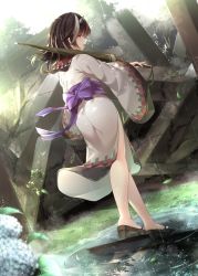 Rule 34 | 1girl, adapted costume, ass, bare legs, black hair, blue flower, blush, brown footwear, commentary request, dress, dutch angle, flower, from behind, full body, geta, grey horns, highres, holding, holding umbrella, horns, hydrangea, kijin seija, leaf, long hair, long sleeves, looking at viewer, looking back, multicolored hair, oil-paper umbrella, open mouth, outdoors, profile, purple sash, rain, red eyes, red hair, sailor collar, sash, solo, streaked hair, thighs, tongue, tongue out, touhou, toyosaki shu, tree, umbrella, water, white dress, white hair, wide sleeves