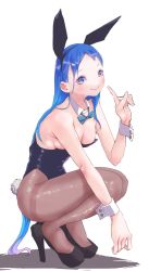 Rule 34 | 1girl, alternate breast size, alternate costume, animal ears, black bow, black bowtie, black footwear, black leotard, blue eyes, blue hair, bow, bowtie, breasts, brown pantyhose, cleavage, detached collar, fake animal ears, full body, gradient hair, high heels, kantai collection, leotard, long hair, medium breasts, multicolored hair, n-mori, pantyhose, playboy bunny, rabbit ears, rabbit tail, samidare (kancolle), simple background, solo, squatting, strapless, strapless leotard, swept bangs, tail, thighband pantyhose, very long hair, white background, wrist cuffs