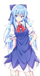 Rule 34 | 1girl, puff of air, alternate hairstyle, blue bow, blue dress, blue eyes, blue hair, blush, bow, breasts, cirno, closed mouth, collared shirt, cowboy shot, dress, fairy, garter straps, hair between eyes, hair bow, highres, ice, ice wings, large breasts, long hair, aged up, puffy short sleeves, puffy sleeves, sabana, shirt, short sleeves, simple background, smile, solo, thighhighs, touhou, v-shaped eyebrows, white background, white shirt, white thighhighs, wings
