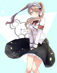 Rule 34 | 1girl, anne sieber, armband, black skirt, blazer, blue background, blue eyes, blush, bow, breasts, brown hair, center frills, closed mouth, clothes lift, commentary request, covering privates, covering crotch, feet out of frame, frilled skirt, frills, highres, jacket, kishuku gakkou no juliet, knees together feet apart, long hair, medium breasts, natsupa, pleated skirt, safety pin, school uniform, shirt, skirt, skirt lift, solo, striped, striped bow, swept bangs, twintails, two-tone background, v-shaped eyebrows, very long hair, wavy mouth, white background, white jacket, white shirt, wind, wind lift