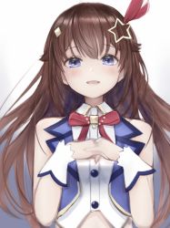 Rule 34 | 1girl, blue eyes, blue vest, brown hair, gradient background, hair ornament, highres, hololive, long hair, midriff, nanashi (nlo), open mouth, own hands together, smile, solo, star (symbol), star hair ornament, tokino sora, tokino sora (1st costume), upper body, vest, virtual youtuber, wrist cuffs