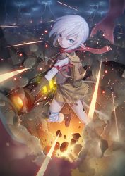 Rule 34 | 1girl, backpack, bag, blue eyes, boots, gloves, land of caromag, maredoro, original, pointy ears, red scarf, scarf, short hair, silver hair, single thighhigh, solo, striped clothes, striped thighhighs, thighhighs, weapon