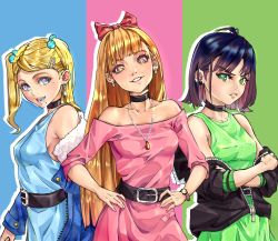 Rule 34 | + +, 3girls, absurdres, belt, black hair, black jacket, blonde hair, blossom (ppg), blue jacket, blunt bangs, breasts, bubbles (ppg), buttercup (ppg), choker, diegodraws, dress, earrings, hair ornament, hairclip, heart, heart-shaped pupils, highres, huge filesize, jacket, jewelry, long hair, medium breasts, medium hair, multiple girls, necklace, off-shoulder dress, off shoulder, open mouth, orange hair, parted lips, powerpuff girls, smile, star-shaped pupils, star (symbol), star earrings, symbol-shaped pupils, twintails, watch, wristwatch