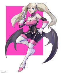 Rule 34 | 1girl, bat wings, boots, breasts, cleavage, cosplay, gloves, high heel boots, high heels, highres, large breasts, medium breasts, oomasa teikoku, persona, persona 5, rouge the bat, rouge the bat (cosplay), solo, sonic the hedgehog, takamaki anne, thigh boots, twintails, wings