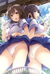 Rule 34 | 2girls, :p, absurdres, akizora momiji, ass, black hair, blue eyes, blue skirt, blue sky, blurry, blurry foreground, blush, bottle, breasts, brown eyes, brown hair, clothes lift, cloud, cloudy sky, condensation, cowboy shot, crotch seam, day, depth of field, electric fan, fanning crotch, food, highres, holding, holding bottle, holding food, lens flare, lifted by self, lips, looking at viewer, medium breasts, midriff, miniskirt, multiple girls, neck ribbon, open mouth, original, outdoors, panties, pleated skirt, popsicle, purple neckwear, ramune, ribbon, school uniform, serafuku, skirt, skirt lift, sky, sparkle, standing, sweatdrop, thighs, tongue, tongue out, tree, underwear, white panties, wind chime