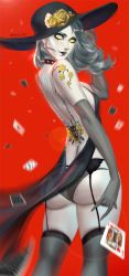 Rule 34 | 1girl, absurdres, ass, back, backless outfit, breasts, card, dress, elbow gloves, from behind, garter belt, gloves, grey hair, grin, hat, highres, large breasts, long hair, looking at viewer, looking back, niijima sae, pale skin, panties, parted lips, persona, persona 5, playing card, ragecndy, shadow (persona), shadow sae, shiny skin, sideboob, smile, solo, thighhighs, underwear